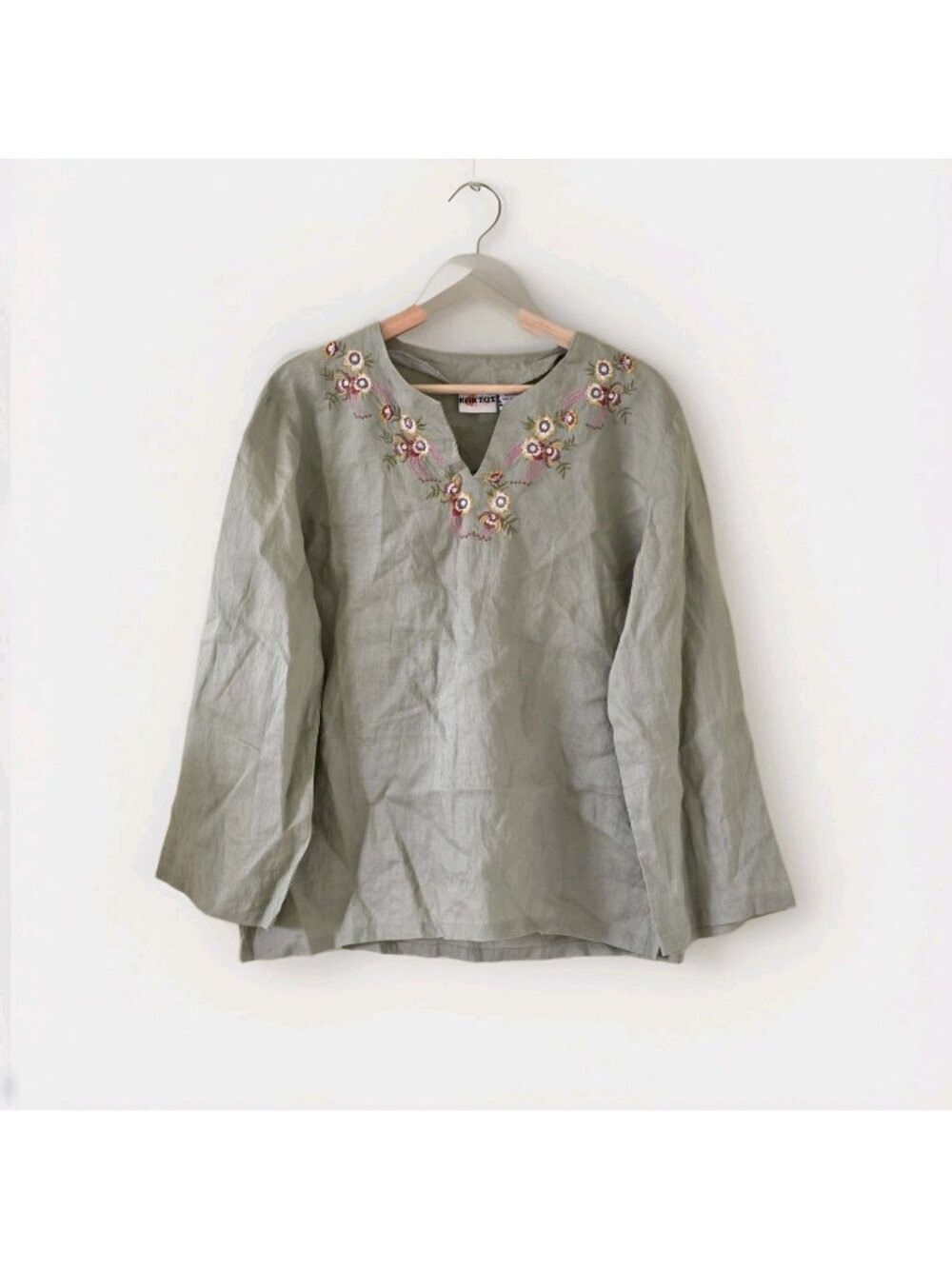 Kaktus Linen Top Women L Khaki Floral Sequined Embroidery Lagenllok Boho Coastal
